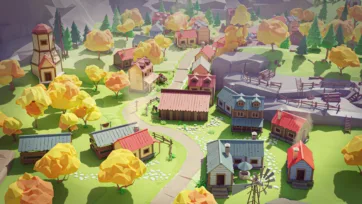 Low poly 3D village settlement with watchtower, colorful houses, and golden autumn foliage