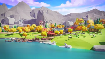Low poly 3D village with windmill, grazing cattle, wooden dock, and autumn trees by lake