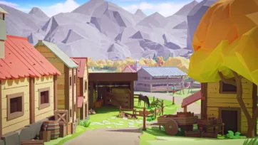 Low poly 3D village farmyard scene with wooden buildings, grazing horses, and mountain backdrop