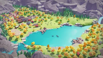 Low poly 3D village aerial view showing mountain lake settlement with boats and autumn landscape