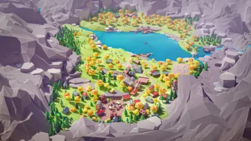 Low poly 3D village complete overview showing entire settlement in mountain crater with lake