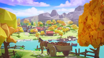 Low poly 3D village scene with horse-drawn cart, lakeside dock, and mountain backdrop