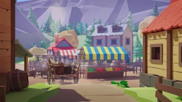Low poly 3D village market square with colorful vendor stalls and striped awnings