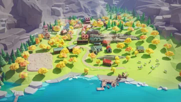 Low poly 3D village in mountain valley with grazing animals and wooden structures
