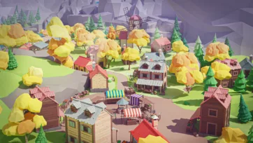 Low poly 3D village marketplace scene with colorful market stalls and golden autumn trees