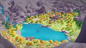 Low poly 3D village nestled in crater lake setting with mountainous terrain and waterfront buildings