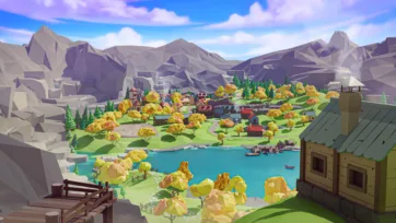 Low poly 3D mountain village overlooking blue lake with boats and colorful autumn foliage