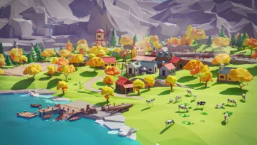 Low poly 3D village with pastoral landscape featuring grazing cows, wooden dock, and autumn trees