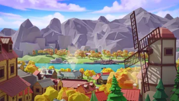 Low poly 3D village scene with colorful houses, windmill, and lakeside town surrounded by mountains