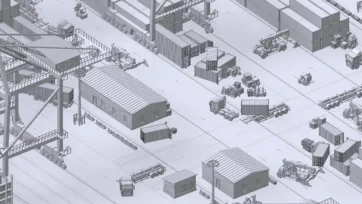 Wireframe 3D model view of port scene with container operations and vehicle arrangements