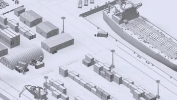 Wireframe view of 3D low-poly port terminal showing polygon structure and modeling details