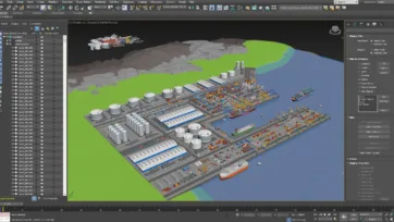 3DS Max software interface showing detailed port complex scene with layer management and modeling tools
