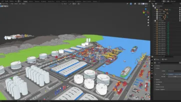 Blender 3D software workspace displaying port scene with object hierarchy and modeling tools