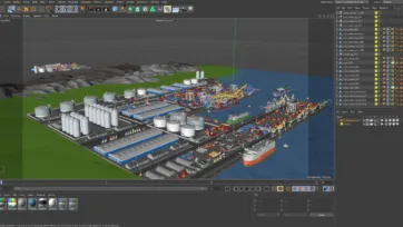 Cinema 4D software interface showing complete 3D low-poly port scene development and modeling workspace