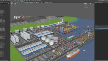 Maya 3D modeling software view showing complete port scene development and asset hierarchy