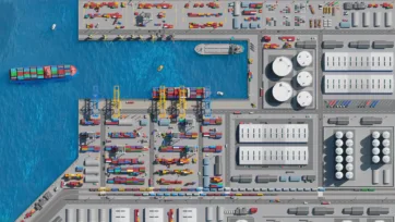 Complete aerial overview of 3D low-poly port complex with all facilities and operations