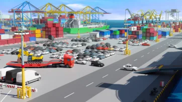 3D low-poly container port with car terminal operations and colorful port cranes
