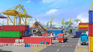 3D low-poly port cargo operations with trucks and cranes against mountain backdrop