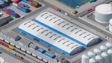 3D low-poly port warehouse storage facility with railway connections and tank farms