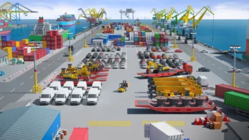 3D low-poly port terminal with car export operations and heavy machinery transport