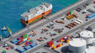 3D low-poly RoRo ferry at car terminal with vehicle parking and storage tank facilities
