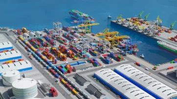 Aerial view of massive 3D low-poly container port with ships, cranes, and storage facilities