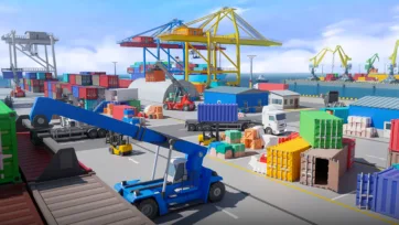 3D low-poly port terminal with blue reach stacker crane and container handling operations