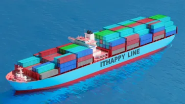 3D low-poly container ship loaded with colorful cargo containers on blue ocean