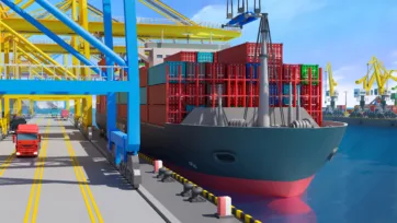 3D low-poly container ship loading operations with colorful port cranes and cargo handling