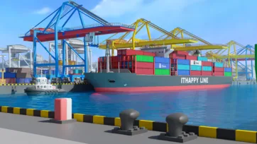 3D low-poly container ship at port with blue and yellow cranes and tugboat