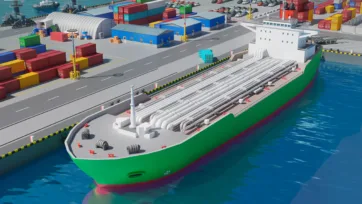3D low-poly green oil tanker ship with white superstructure at port terminal