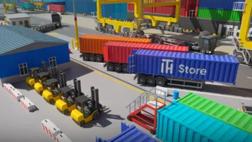 3D low-poly port terminal with yellow forklift fleet and container transport operations
