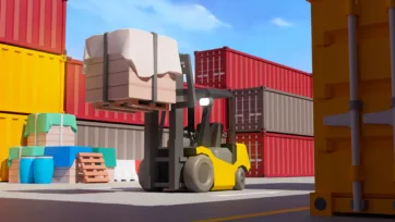 3D low-poly yellow forklift handling cargo pallets in warehouse container storage area