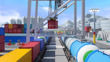 3D low-poly railway crane loading containers with tank cars at mountain port facility
