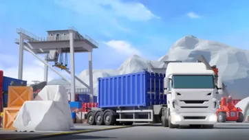 3D low-poly white container truck at port terminal with mountain landscape backdrop