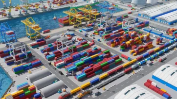 Aerial view of 3D low-poly container port terminal with railway connections and cargo handling facilities