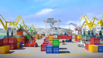 3D low-poly container port yard with colorful cranes and stacked shipping containers operations