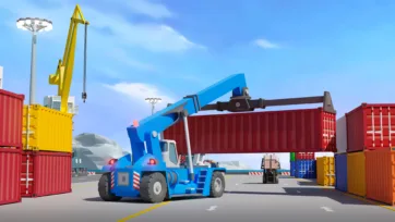 3D low-poly blue mobile crane handling red shipping container at port terminal with mountain backdrop