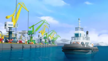 3D low-poly harbor scene with tugboat, colorful port cranes, and mountain backdrop