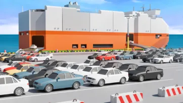 3D low-poly RoRo ferry with multiple cars loading at maritime terminal facility