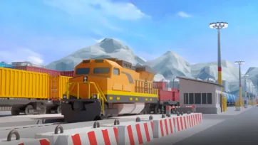 3D low-poly orange freight train locomotive with container cars at mountain port terminal