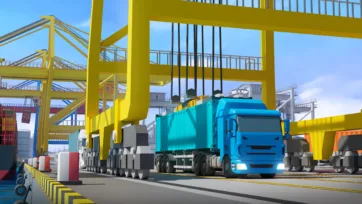 3D low-poly truck convoy passing through yellow port gate security checkpoint