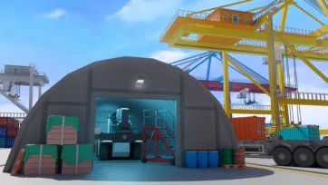 3D low-poly port warehouse interior with forklift and cargo storage facility