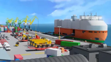 3D low-poly RoRo car carrier ship at port terminal with vehicle loading operations