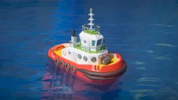 3D low-poly red and white tugboat assistance vessel on blue ocean waters
