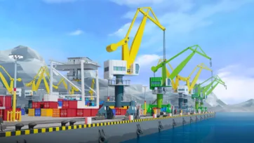 3D low-poly port terminal with yellow and green cranes against mountain landscape backdrop