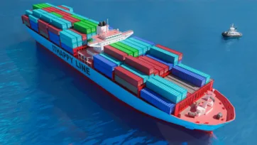 3D low-poly Happy Line container ship carrying colorful cargo containers on blue ocean waters