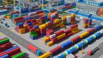 3D low-poly port terminal with container yard, railway transport, and tank cars for cargo logistics