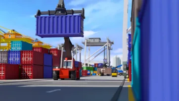 3D low-poly container handler lifting blue shipping container at busy port terminal