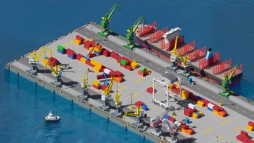 3D low-poly floating container terminal with ship loading operations and cargo handling